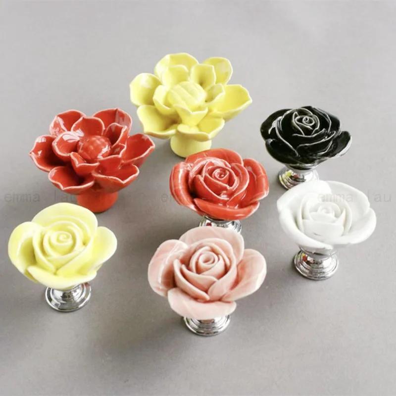 New Flower Shape Ceramic Handle Single Hole Wardrobe Lattice Handles Room Cupboard Door Knob Drawer Handles